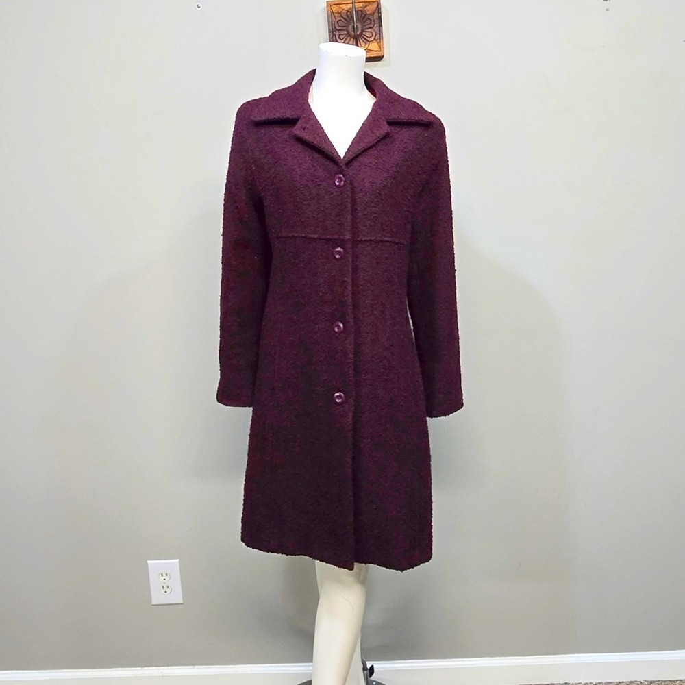 Vintage 90s Halston Wool Blend Bouclé Coat Women 6 Burgundy Long Winter Overcoat